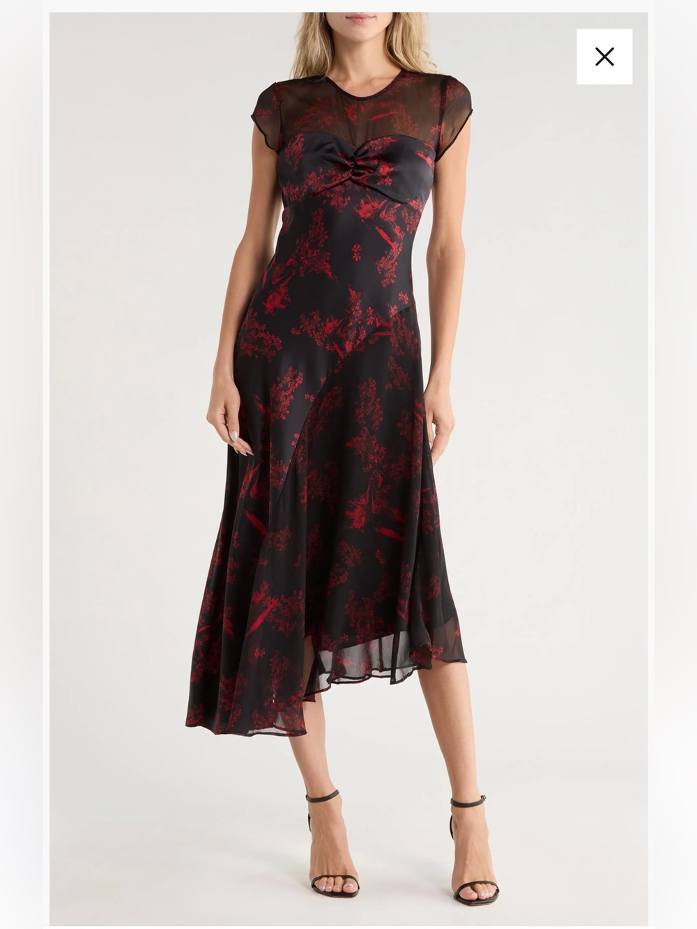All Saints Black Dress with Maria Siren Red Floral Print and High-Low Hem - Picture 3 of 3